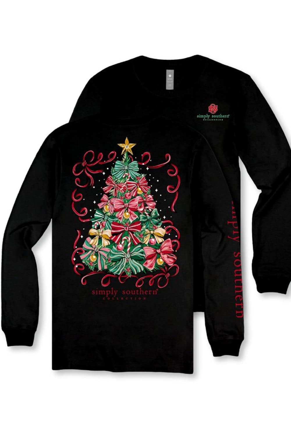 A black long-sleeve t-shirt with a Christmas tree graphic on the front, featuring red bows, green pine needles, and a gold star. The brand name 'simply southern' is printed in red on the sleeve and below the graphic.