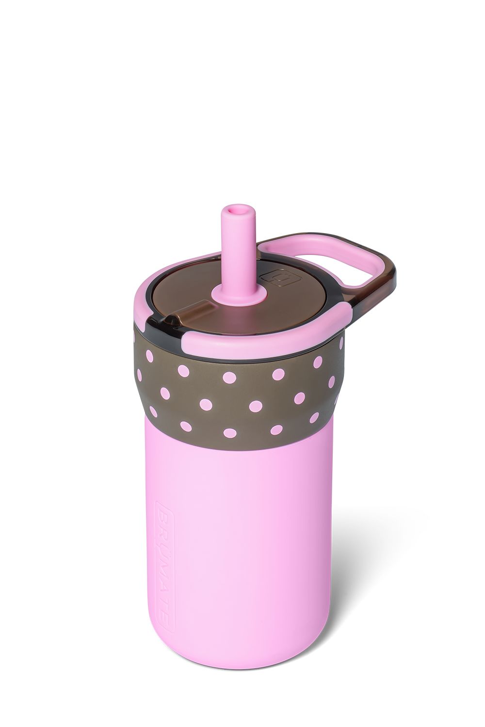 A pink insulated tumbler with a matching pink straw lid and a brown silicone sleeve featuring light pink polka dots, shown on a white background.