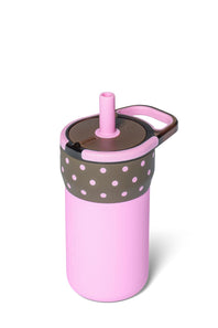 A pink insulated tumbler with a matching pink straw lid and a brown silicone sleeve featuring light pink polka dots, shown on a white background.