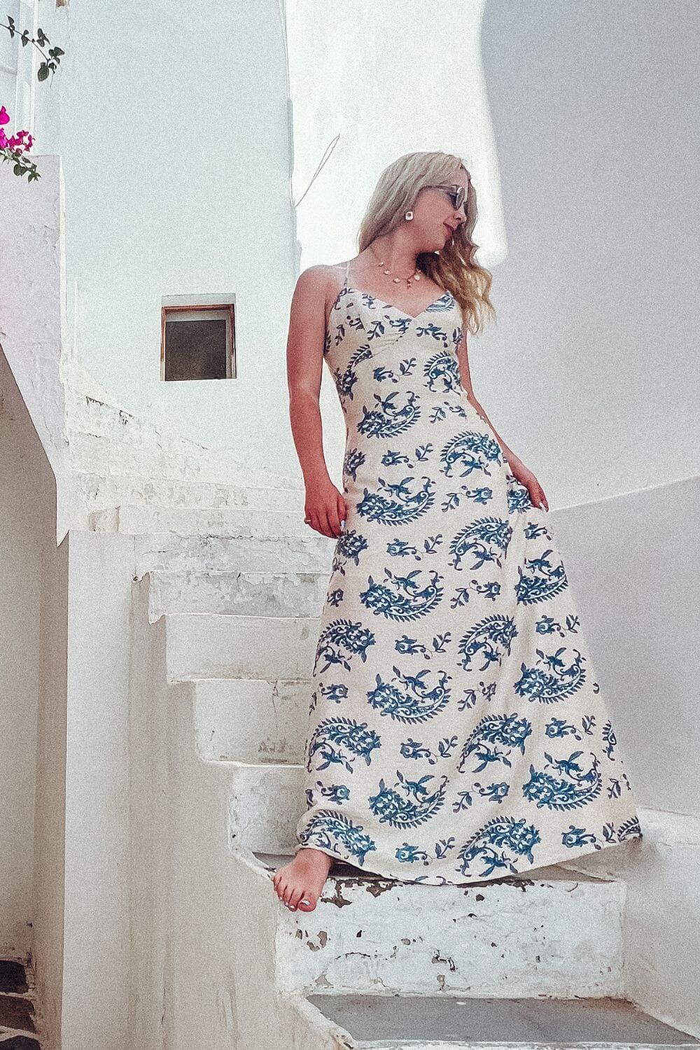 ACOA Printed Strappy Maxi Dress for Women in Blue