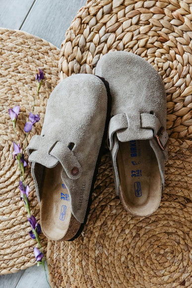 Birkenstock Boston Soft Footbed Suede Leather Clogs for Women in Taupe
