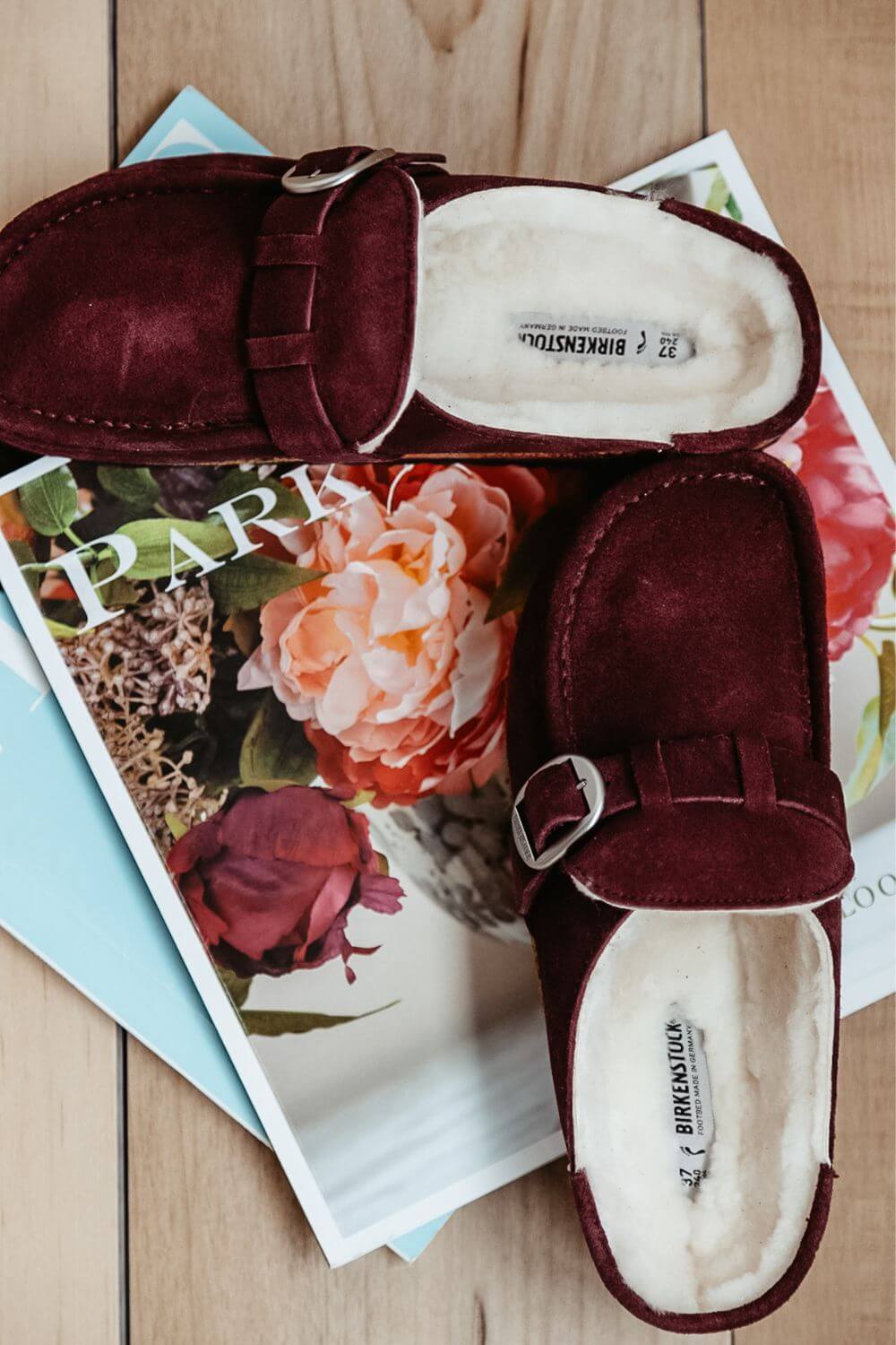 Birkenstock Buckley Shearling Suede Mules for Women in Maroon