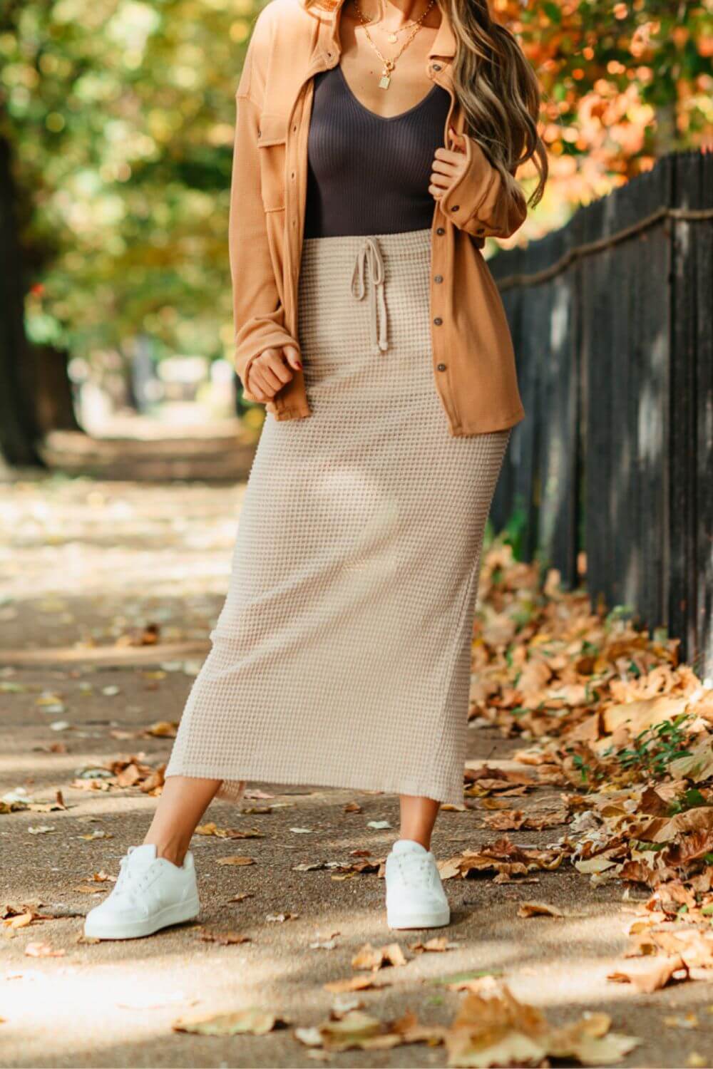 Knit Drawstring Maxi Skirt for Women in Taupe BK225431-1-TAUPE