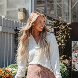 Blu Pepper Johnny Collar Ribbed Knit Shirt for Women in Oatmeal