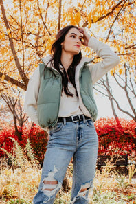 Love Tree Cropped Reversible Puffer Vest for Women in Olive/Beige