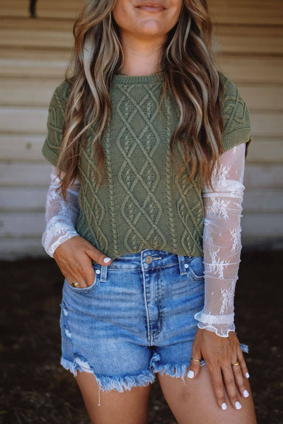 Cable Cap Sleeve Sweater for Women in Olive