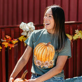 Simply Southern Flower Pumpkin T-Shirt for Women in Heather Green