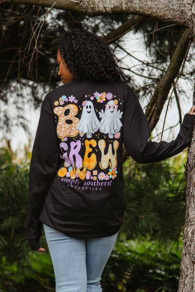 Simply Southern Long Sleeve Shirts Boo Crew T-Shirt for Women in Black