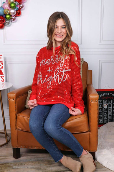 Simply Southern Christmas Sequin Merry & Bright Sweater for Women in Red