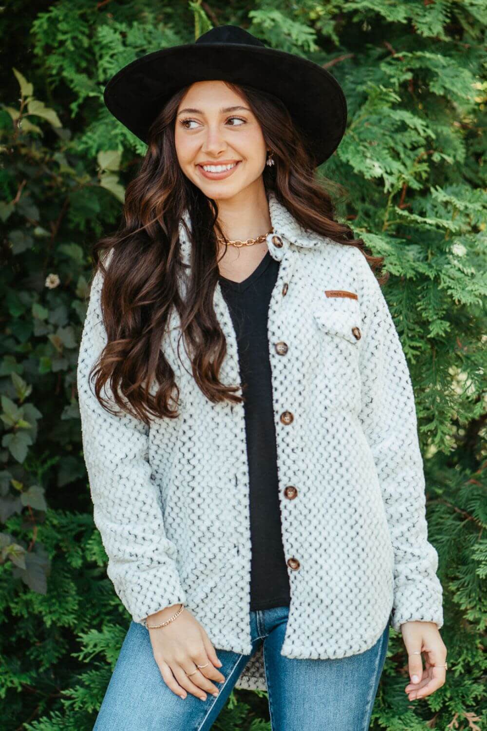 Soft fleece button up shacket with cuffs, and tortoiseshell buttons and chest pockets 