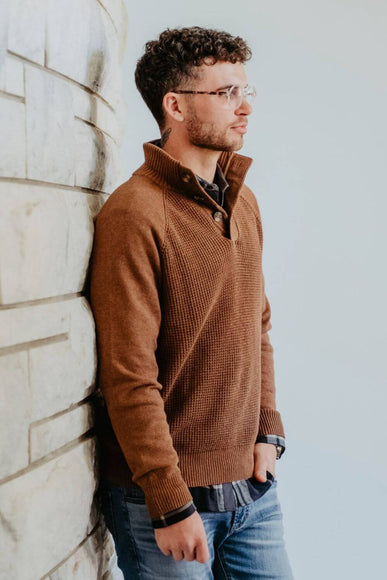 Weatherproof Vintage Textured Button Up Mock Neck Sweater for Men in Brown