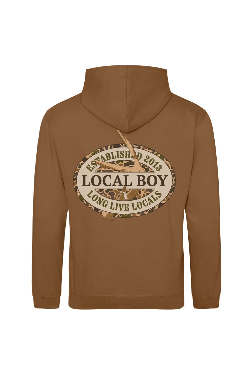 youth sized brown hooded sweatshirt with logo on center back that reads "local boy" on white background