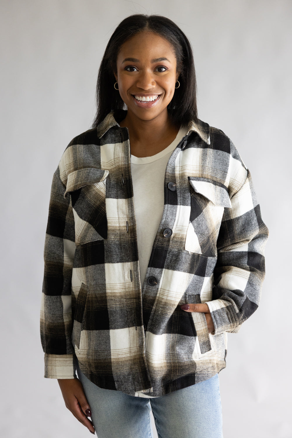  Love Tree Sherpa Lined Plaid Jacket for Women in Black Plaid