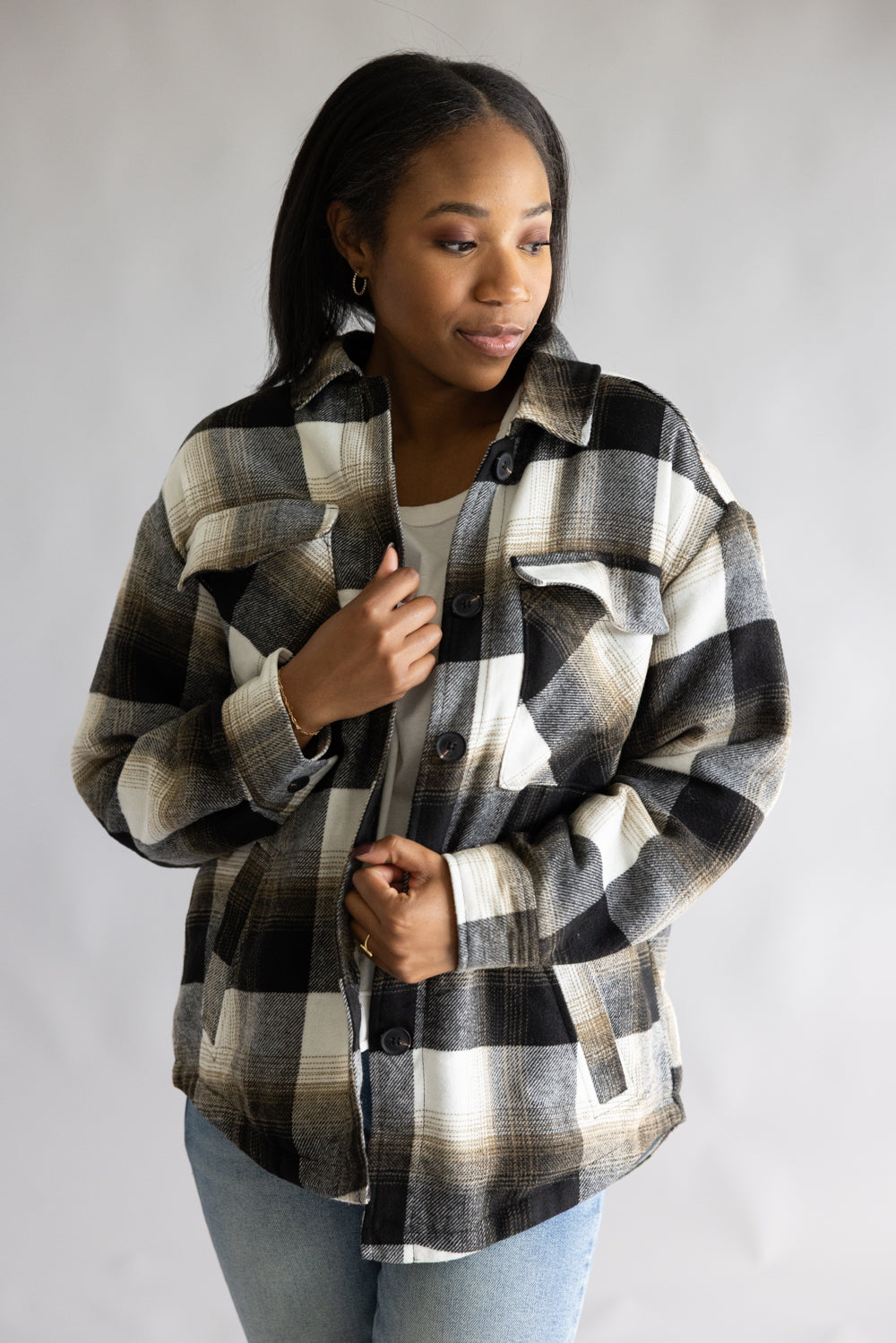 Love Tree Sherpa Lined Plaid Jacket for Women in Black | 80383JN