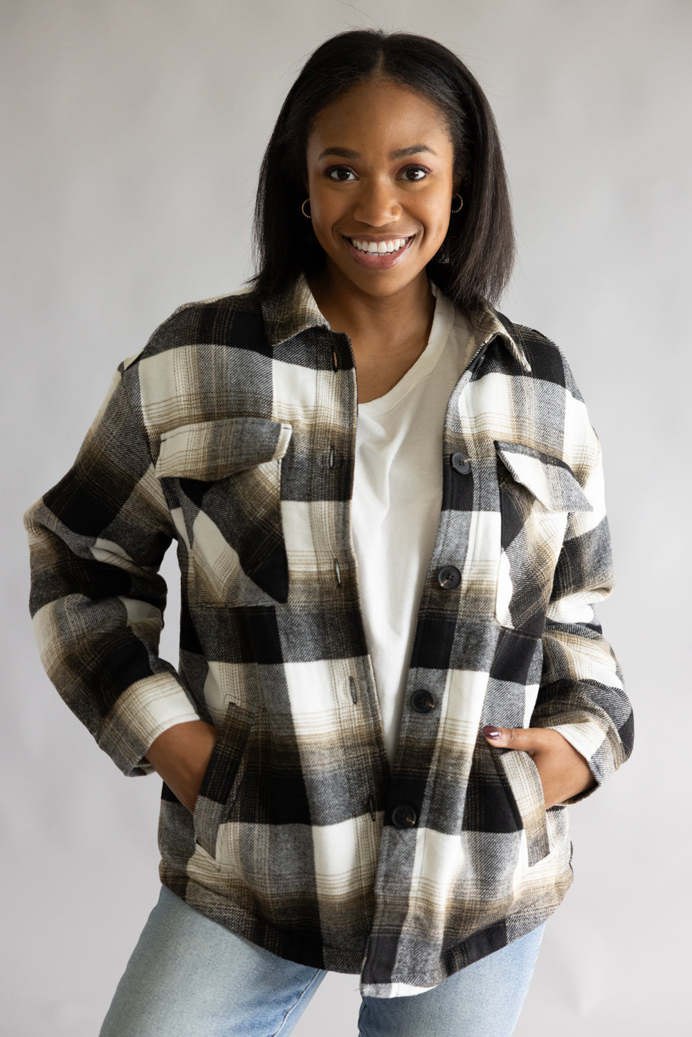  Love Tree Sherpa Lined Plaid Jacket for Women in Black Plaid