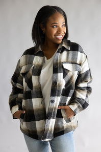  Love Tree Sherpa Lined Plaid Jacket for Women in Black Plaid