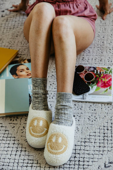 MIA Shoes Smiley Face Slippers for Women in Oatmeal/White