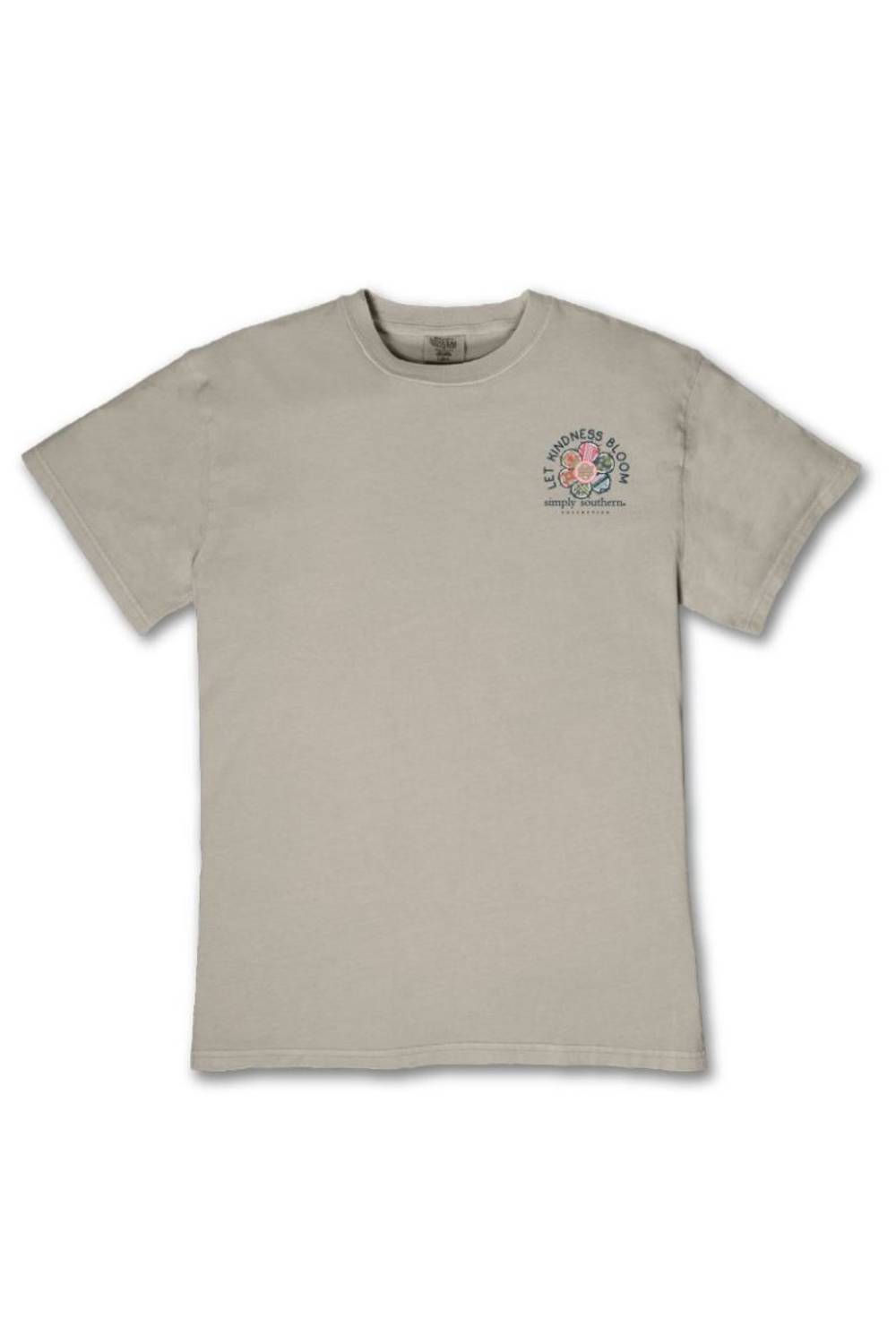 A light beige crewneck t-shirt with a small multicolor graphic on the left chest, displayed flat against a white background.