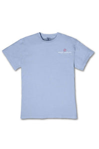 A light blue short-sleeve crewneck t-shirt with a small white and pink logo on the left chest, displayed flat against a white background.
