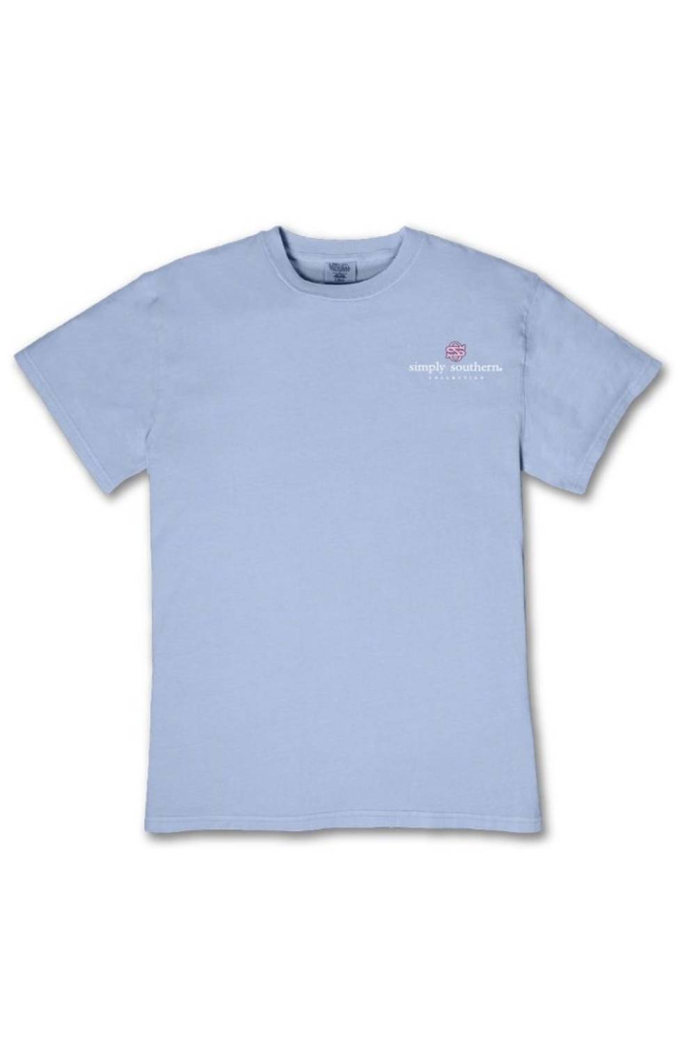 A light blue short-sleeve crewneck t-shirt with a small white and pink logo on the left chest, displayed flat against a white background.