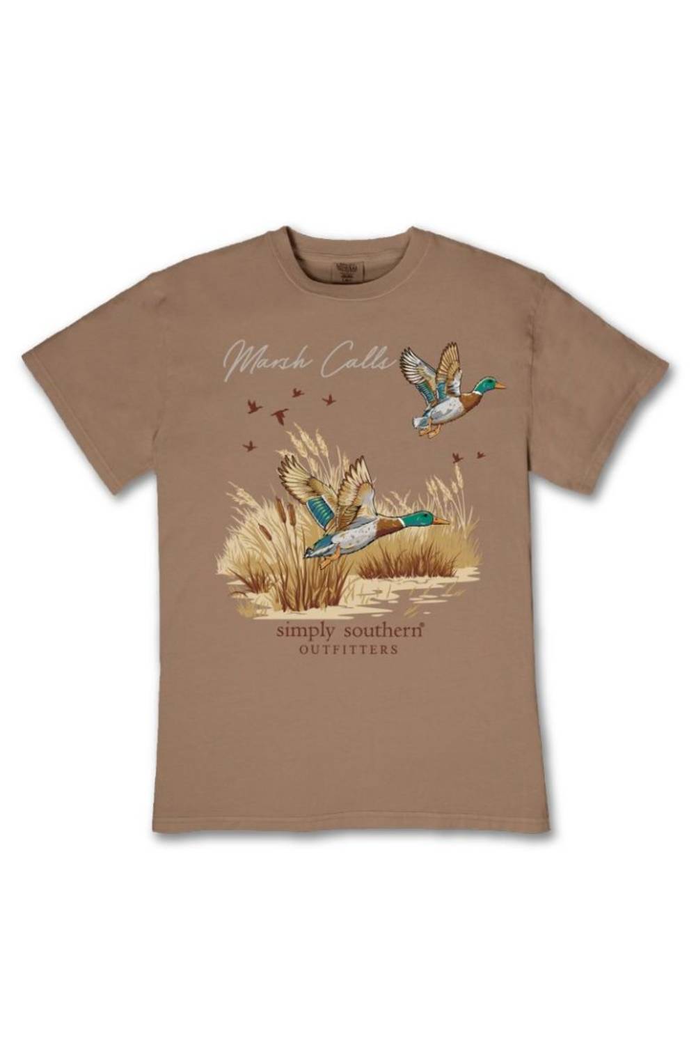 A brown short-sleeve crewneck t-shirt featuring a graphic print of two mallards in a marsh with the text 'Marek Calls simply southern Outfitters'.