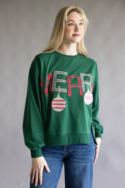 Embroidered Merry Pullover for Women in Hunter Green