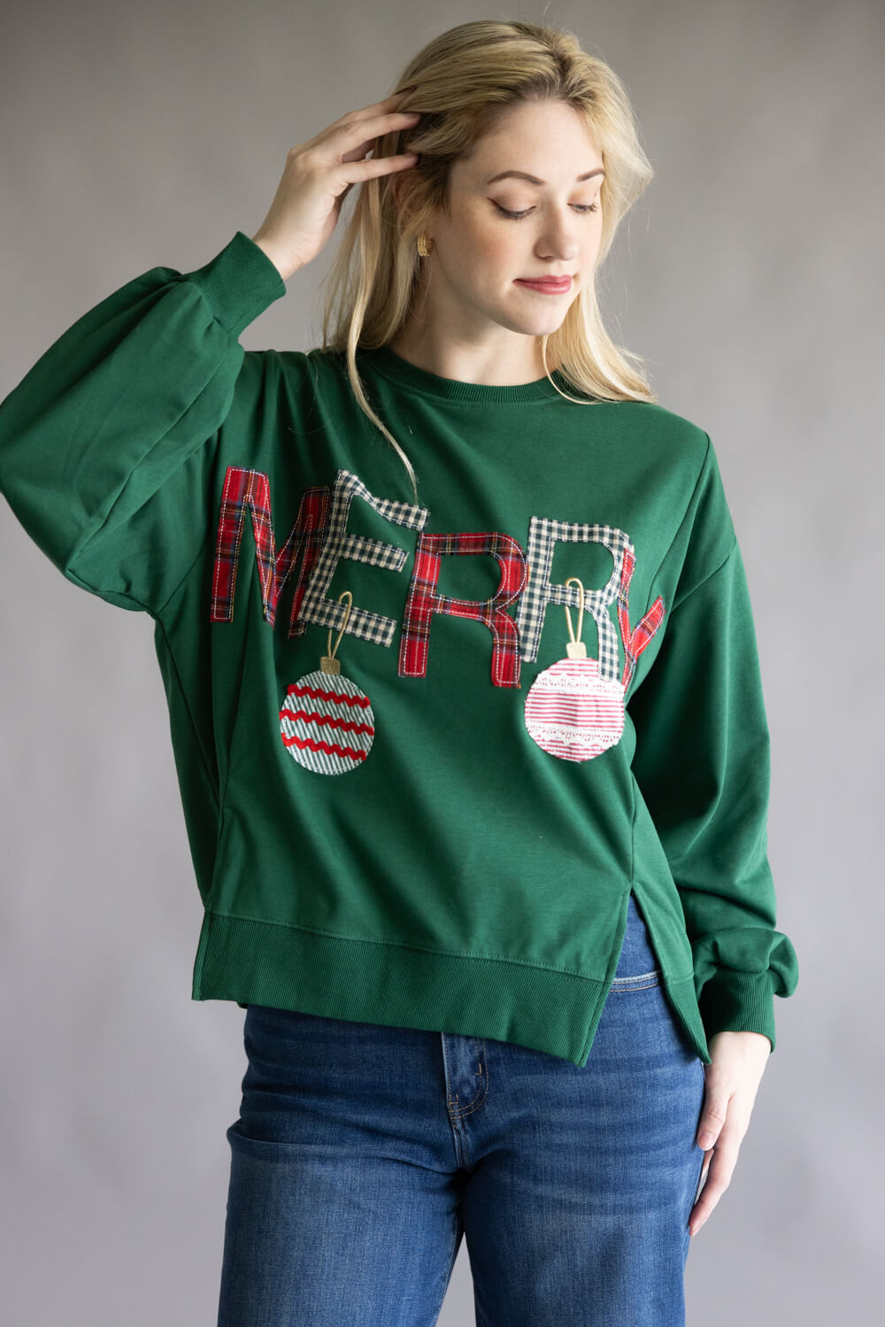 Embroidered Merry Pullover for Women in Hunter Green