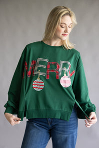 Embroidered Merry Pullover for Women in Hunter Green