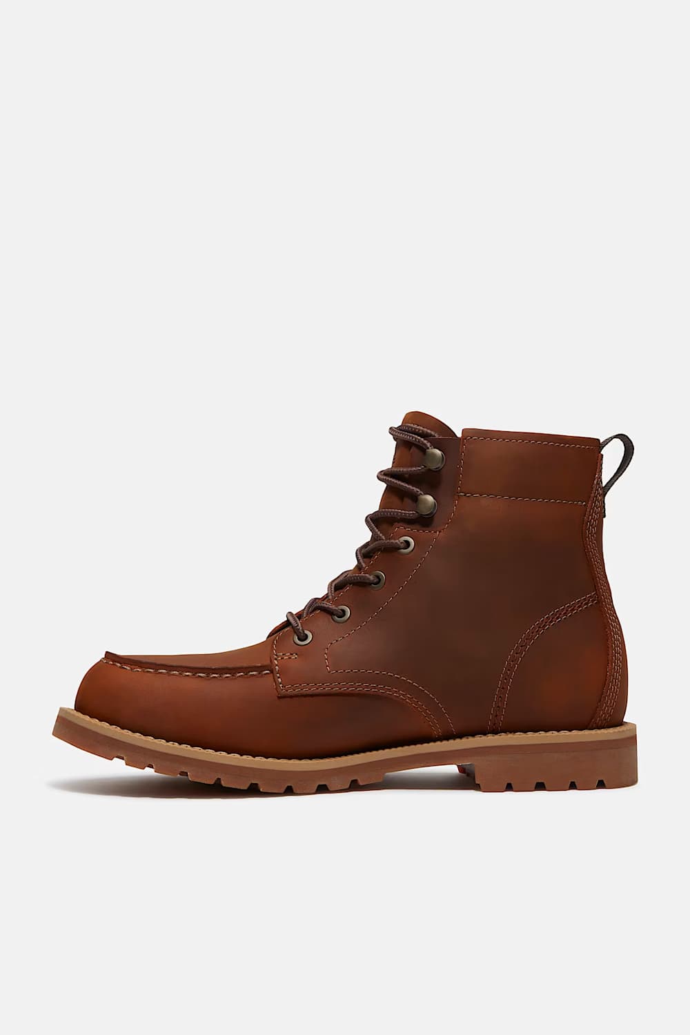 A brown leather lace-up ankle boot with a tan sole, shown in a side profile view against a light gray background.