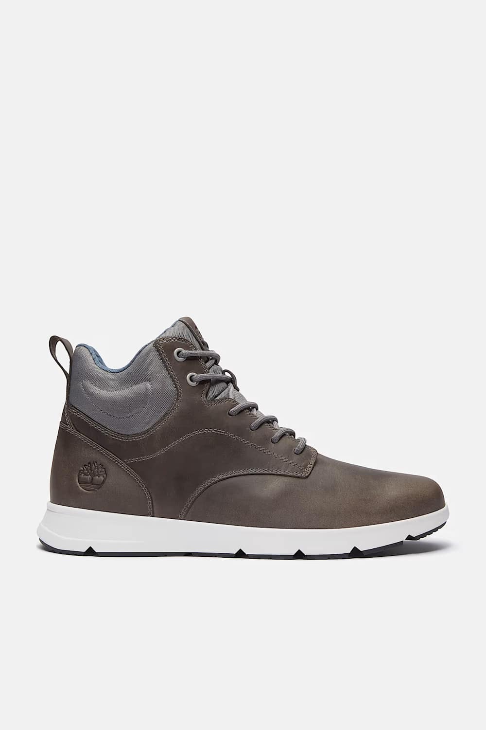 A pair of mid-top lace-up sneakers in a dark brownish-gray leather, featuring gray laces, a white midsole, and a light blue interior lining, shown against a light gray background.