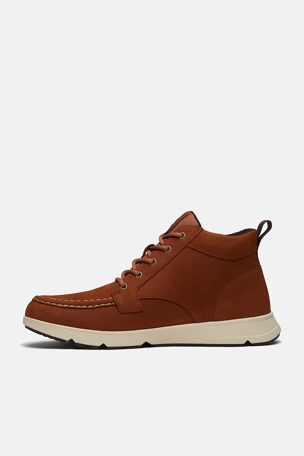 A pair of brown suede Timberland sneakers with white soles, displayed against a light gray background.