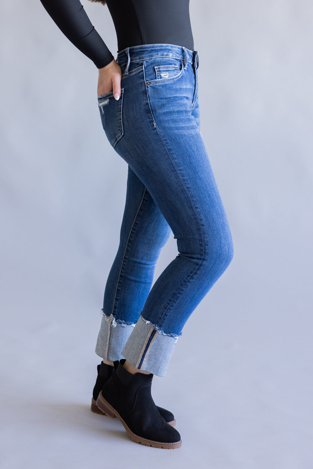 Mica Mid-Rise Cuffed Slim Straight Jeans for Women in Dark Wash