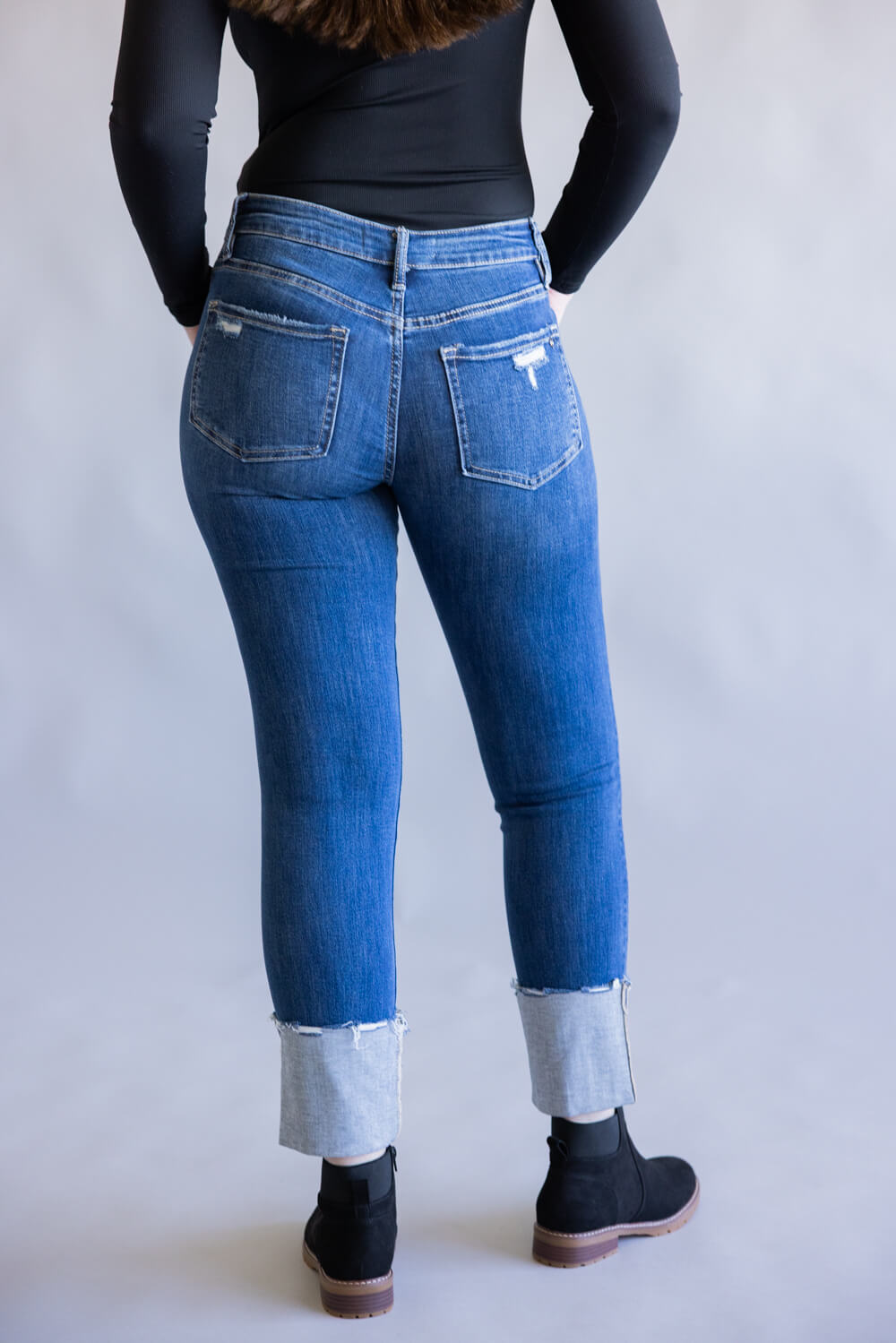 Mica Mid-Rise Cuffed Slim Straight Jeans for Women in Dark Wash