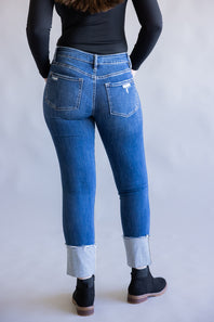 Mica Mid-Rise Cuffed Slim Straight Jeans for Women in Dark Wash