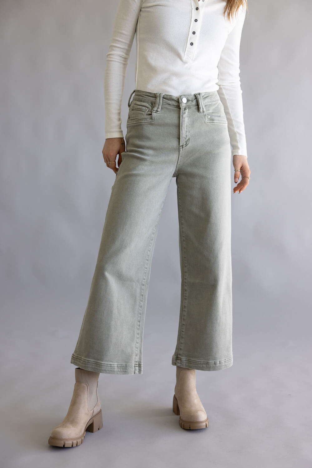 Mica High Rise Cropped Wide Leg Jeans for Women in Green