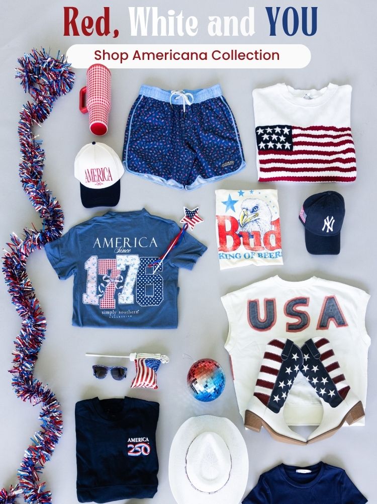 Different USA clothing, shoes, and accessories on a plain background and a red, white and blue garland on the left side and text at the top that reads "Red, White and You - Shop Americana Collection"