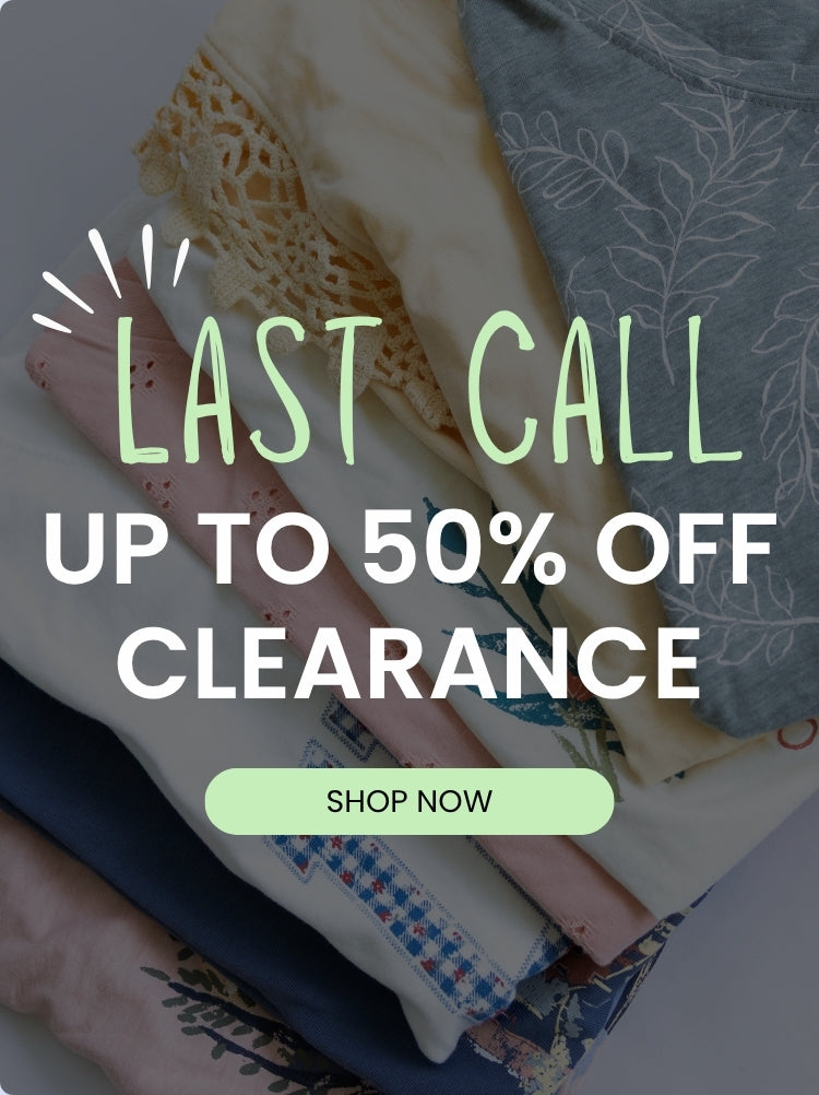 Promotional banner with a blurred stack of folded clothing in the background and the text "Last Call – Up to 50% Off Clearance" in large letters above a "Shop Now" button.
