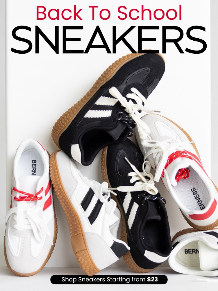 A collection of stylish black and white sneakers with gum soles are creatively arranged. The text "Back To School Sneakers" is above, and prices start at $23.