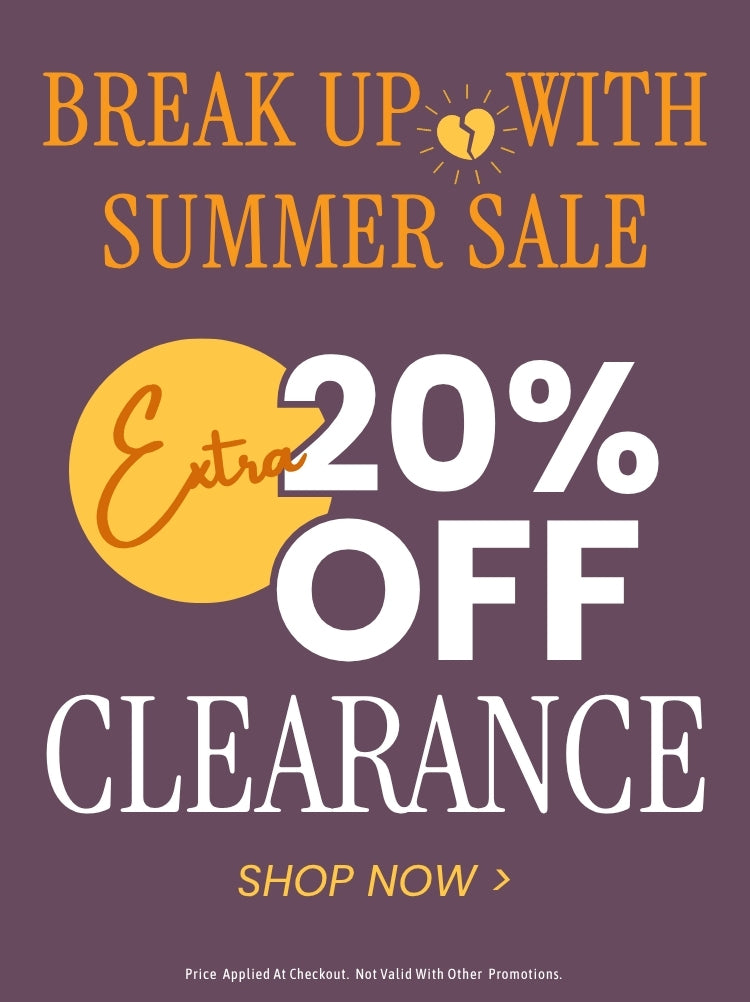 A purple promotional web banner reading BREAK UP WITH SUMMER SALE in orange text, with a broken heart sun icon in the center. Below, the text reads Extra 20% OFF CLEARANCE in large white lettering with Extra written in yellow script inside a yellow circle. In the bottom right corner, a small prompt says SHOP NOW with a yellow arrow pointing to the right. Fine print at the bottom states, Price Applied At Checkout. Not Valid With Other Promotions.