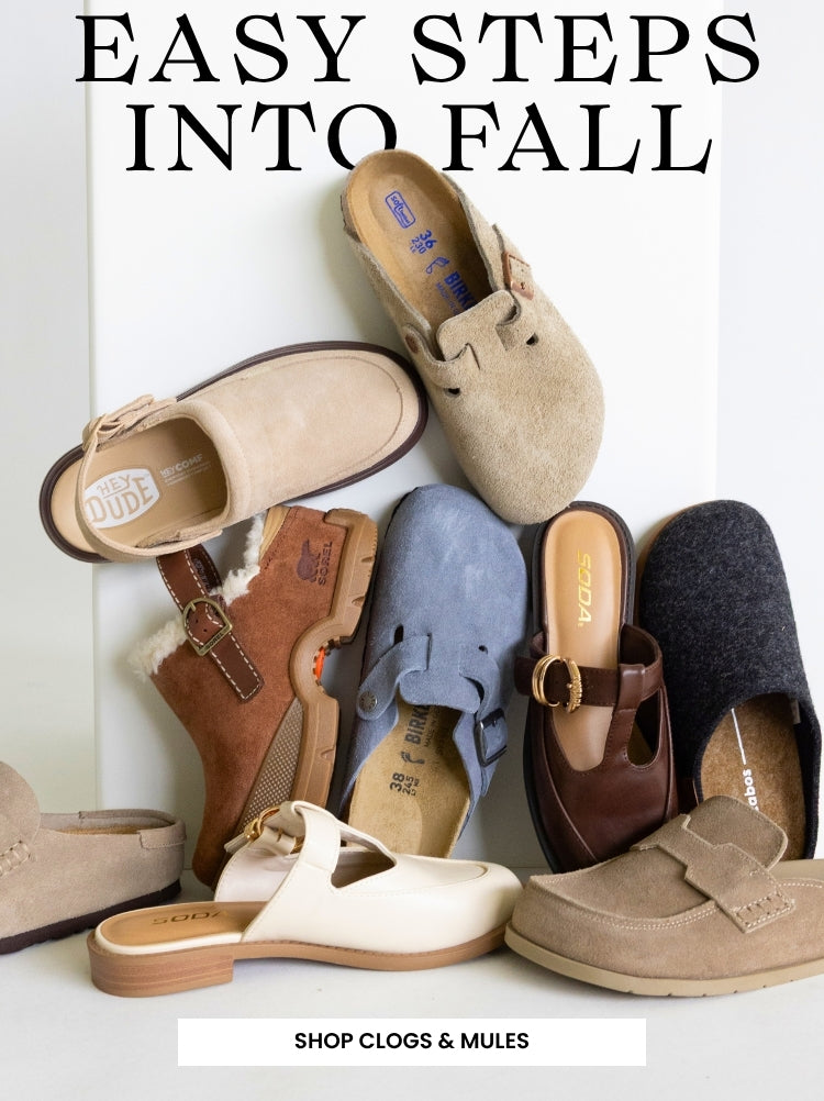 A promotional banner with different styles and colors of women's clogs and mules stacked and leaning against a white block and wall. Text at the top reads EASY STEPS INTO FALL and at the bottom a call to action reads SHOP CLOGS & MULES