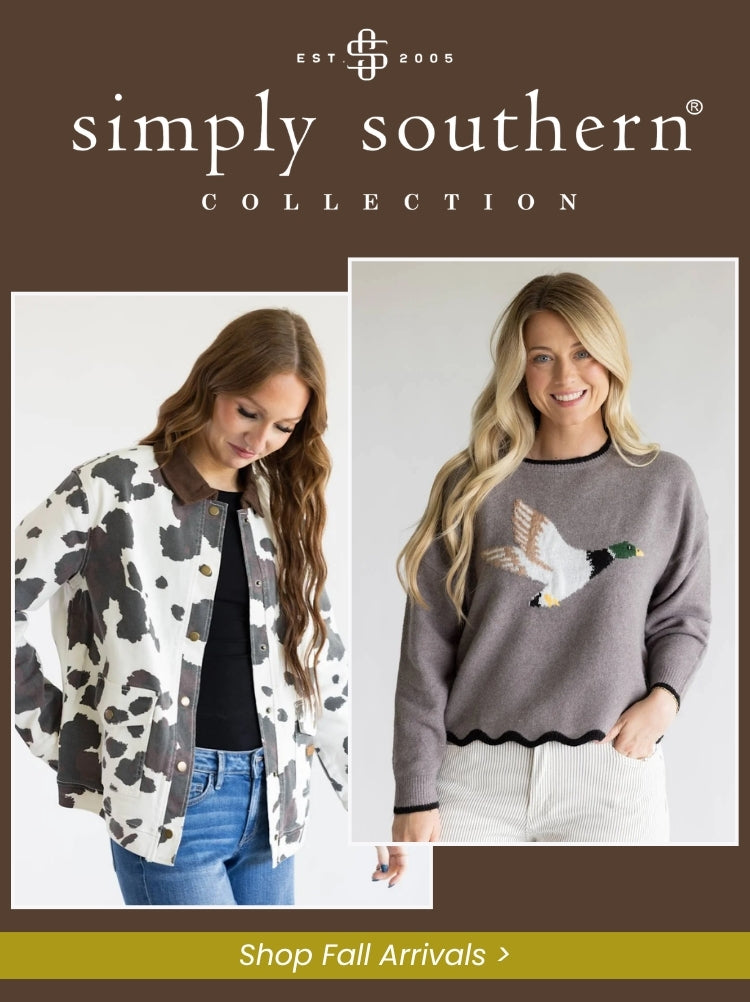 Brown image banner with two different images: the first of a woman wearing a grey sweater with a mallard duck, the second image is of a woman wearing a cow print jacket. The top of the image features simply southern COLLECTION logo and at the bottom a green call to action banner saying Shop Fall Arrivals