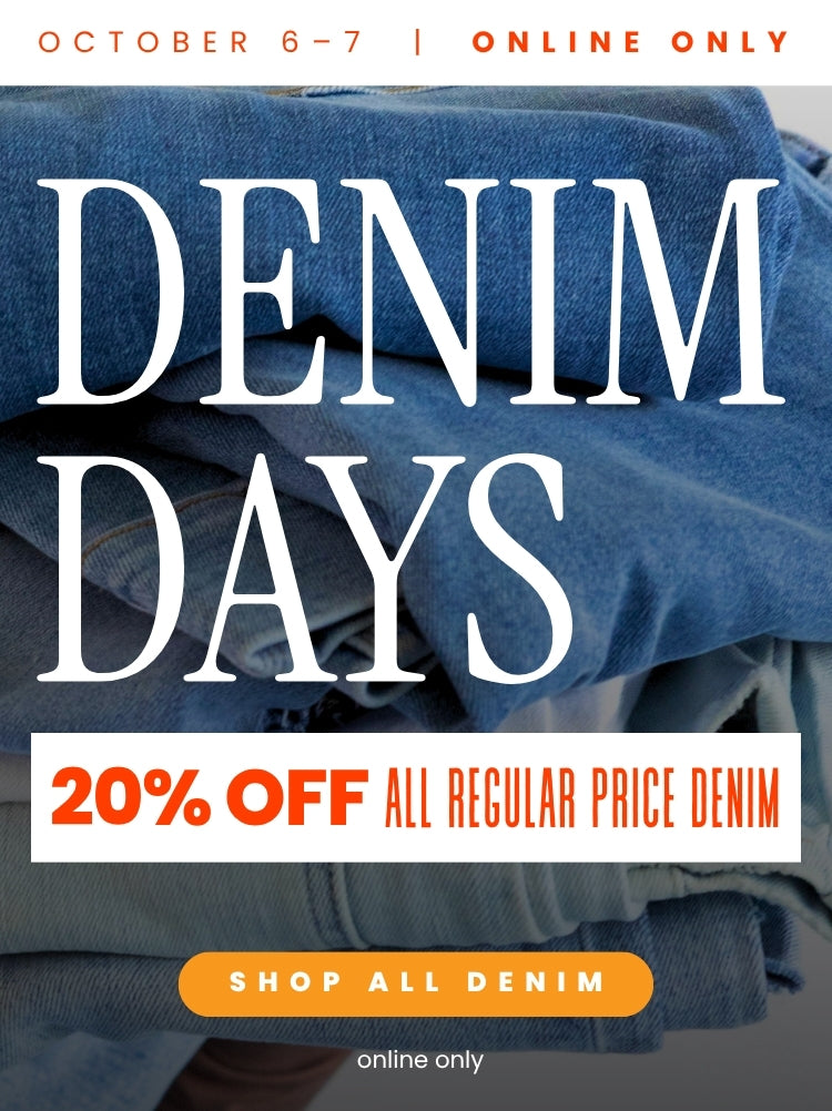 Mobile promotional banner for Glik’s Denim Days featuring folded blue jeans in the background, with text reading DENIM DAYS, 20% OFF ALL REGULAR PRICE DENIM, SHOP ALL DENIM, and October 6–7 | Online Only.