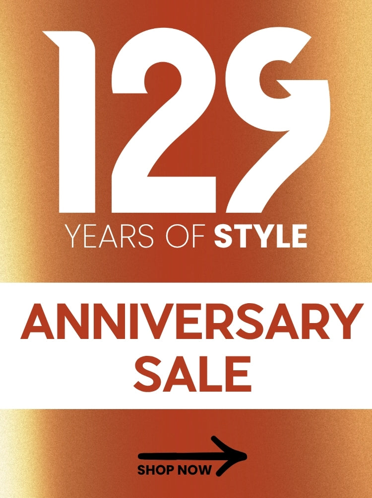 Promotional graphic for Glik's Anniversary Sale celebrating 129 years of style on a orange and yellow gradient background with a black arrow and SHOP NOW call-to-action in the bottom middle