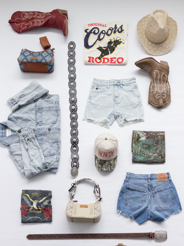 Image of multiple different western inspired men's & women's clothing and accessories, including denim shorts, hats, bets, and cowboy boots