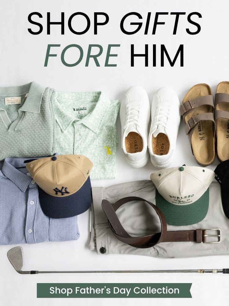 Assortment of different clothing, shoes, and accessories with text that read "Gift fore him or yourself; Shop Father's Day Collection"