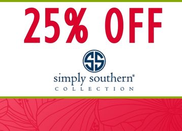 Red and white colored graphic with a large 25% off callout and the Simply Southern brand logo