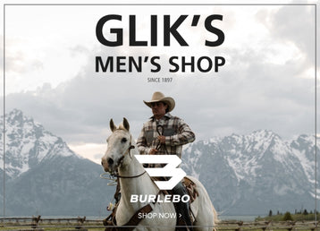 Glik’s Men’s Shop promotional banner featuring a cowboy riding a white horse against a mountain backdrop, with Burlebo branding logo and a Shop Now call to action