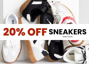 Promotional graphic of different sneakers propped up together against a white pedestal with thick white stripe through the image with text that reads 20% OFF SNEAKERS select stock 