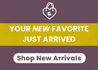 Mobile promotional banner featuring a Glik’s shopping bag logo, with text reading YOUR NEW FAVORITE JUST ARRIVED text and a Shop New Arrivals button on a purple and yellow background.