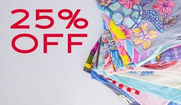 Multiple different color graphic t-shirts fanned out on a plain background with a 25% off price callout